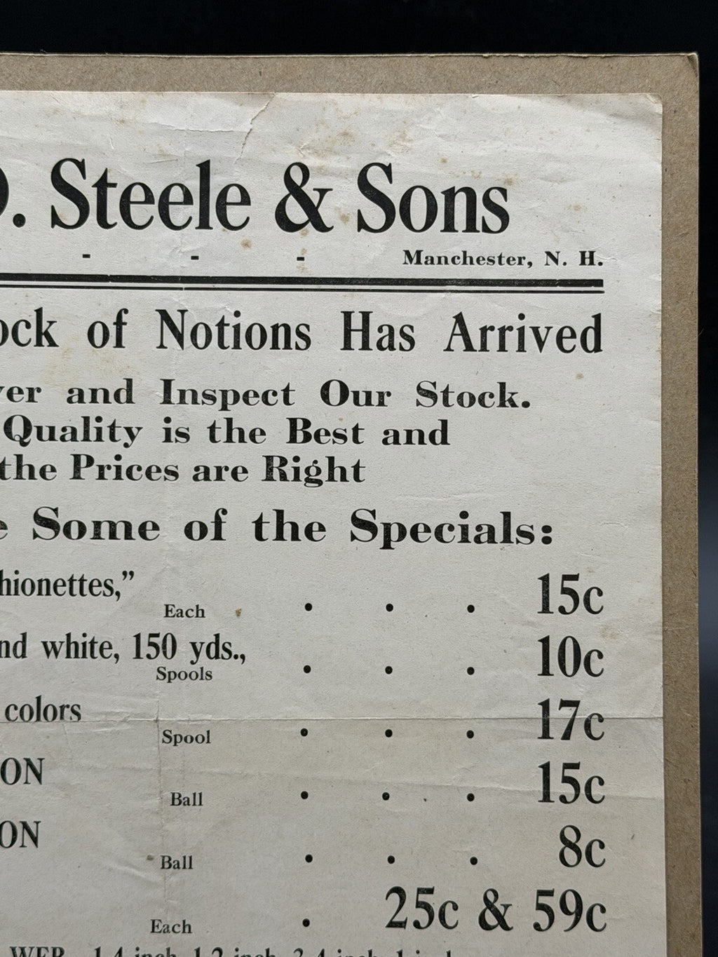 Vintage C.D. Steele & Sons Manchester NH Advertising Broadside Notions Ice Cream