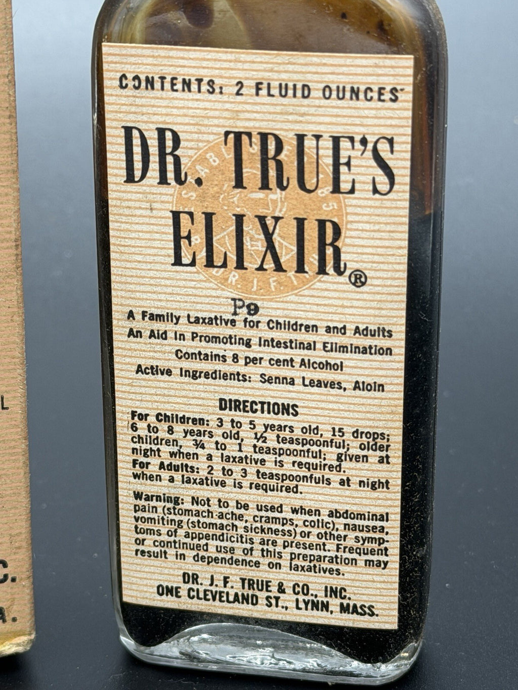 Vintage Dr. True's Elixir Patent Medicine Bottle with Original Box Lynn Mass