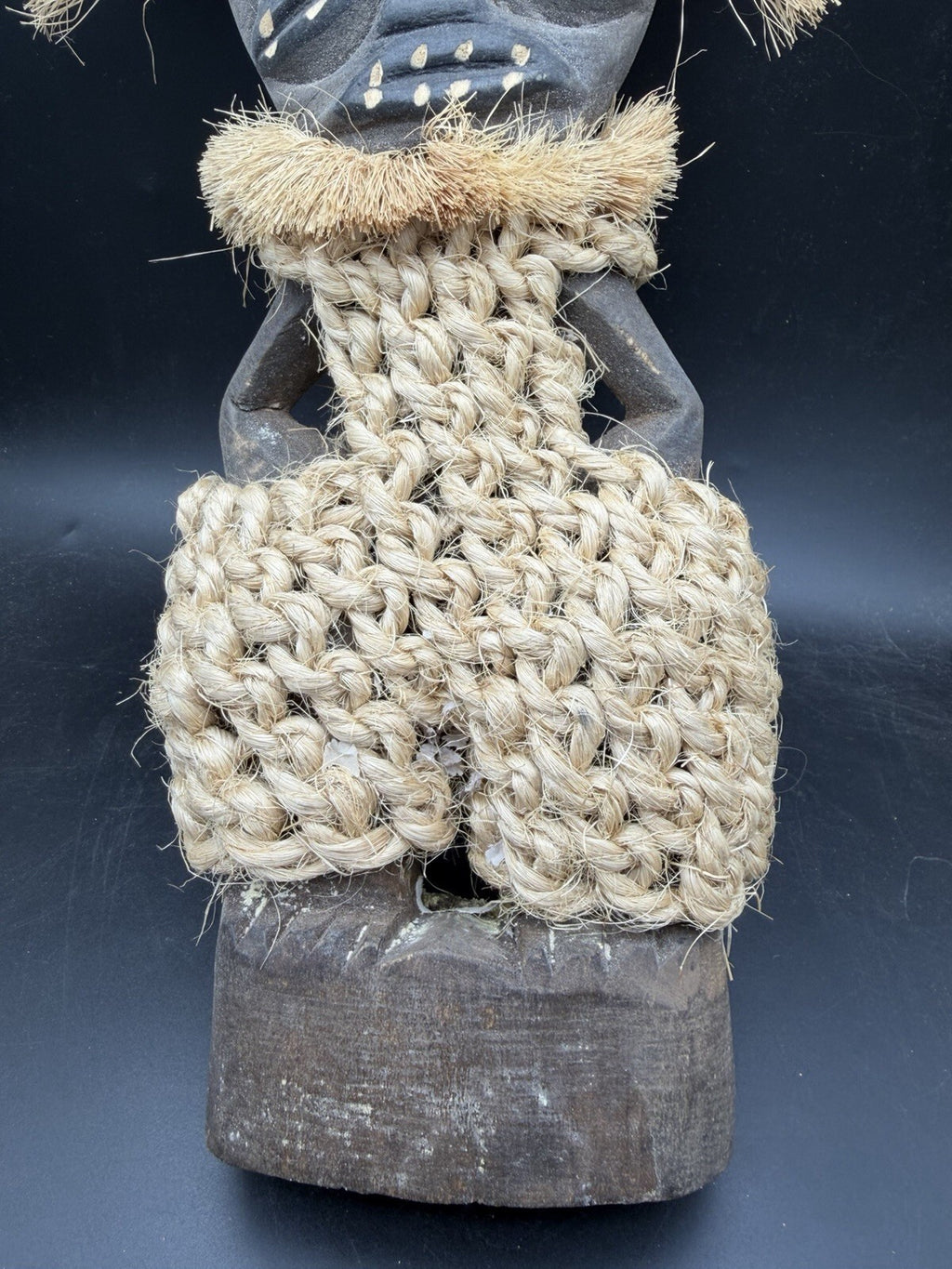 Vintage African Carved Wood Figure Raffia Tribal Statue Ritual Mask 16" Large