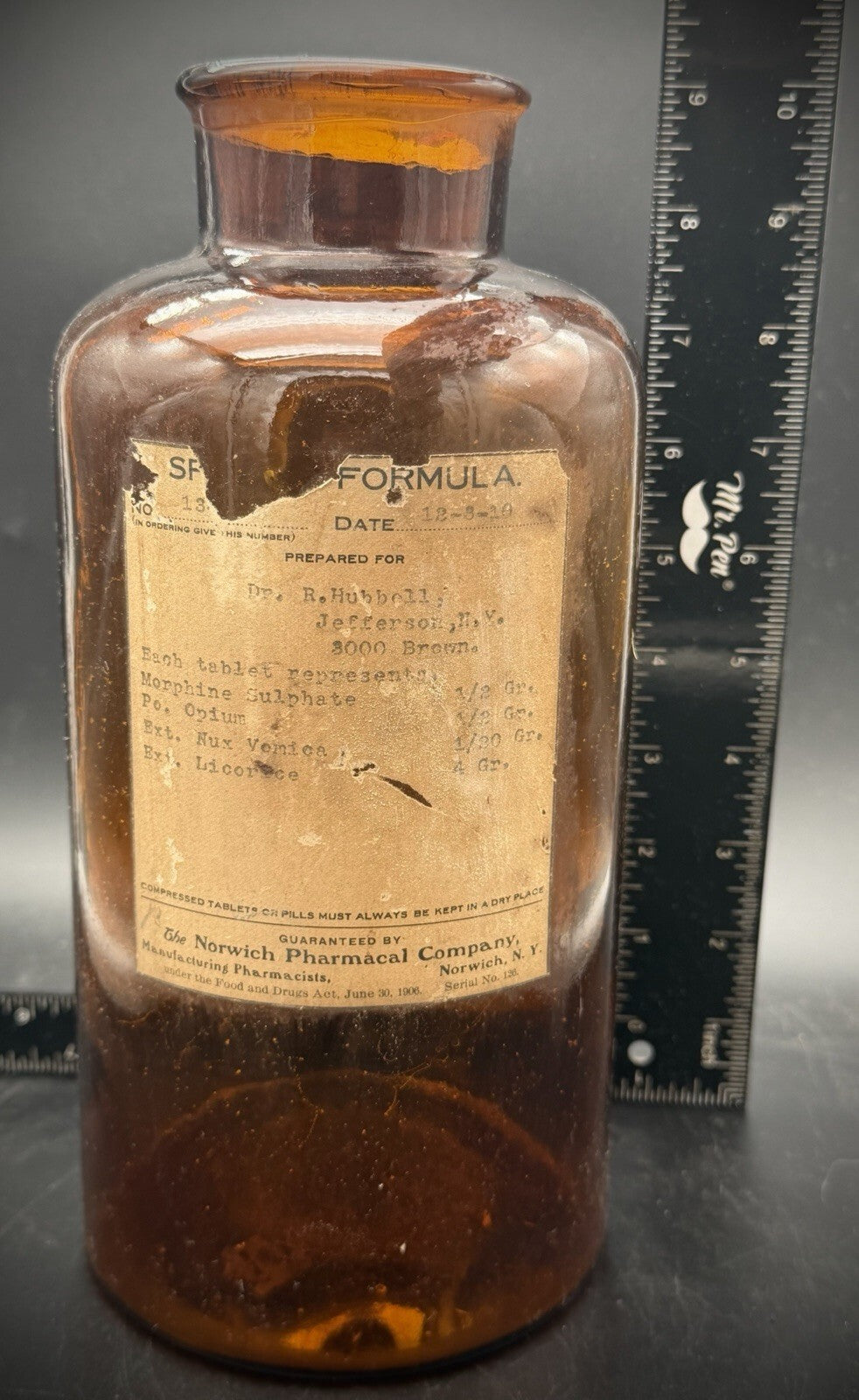Antique 1910 Norwich NY Pharmacal Bottle Morphine Opium Label Dr Hubbell 9.5"