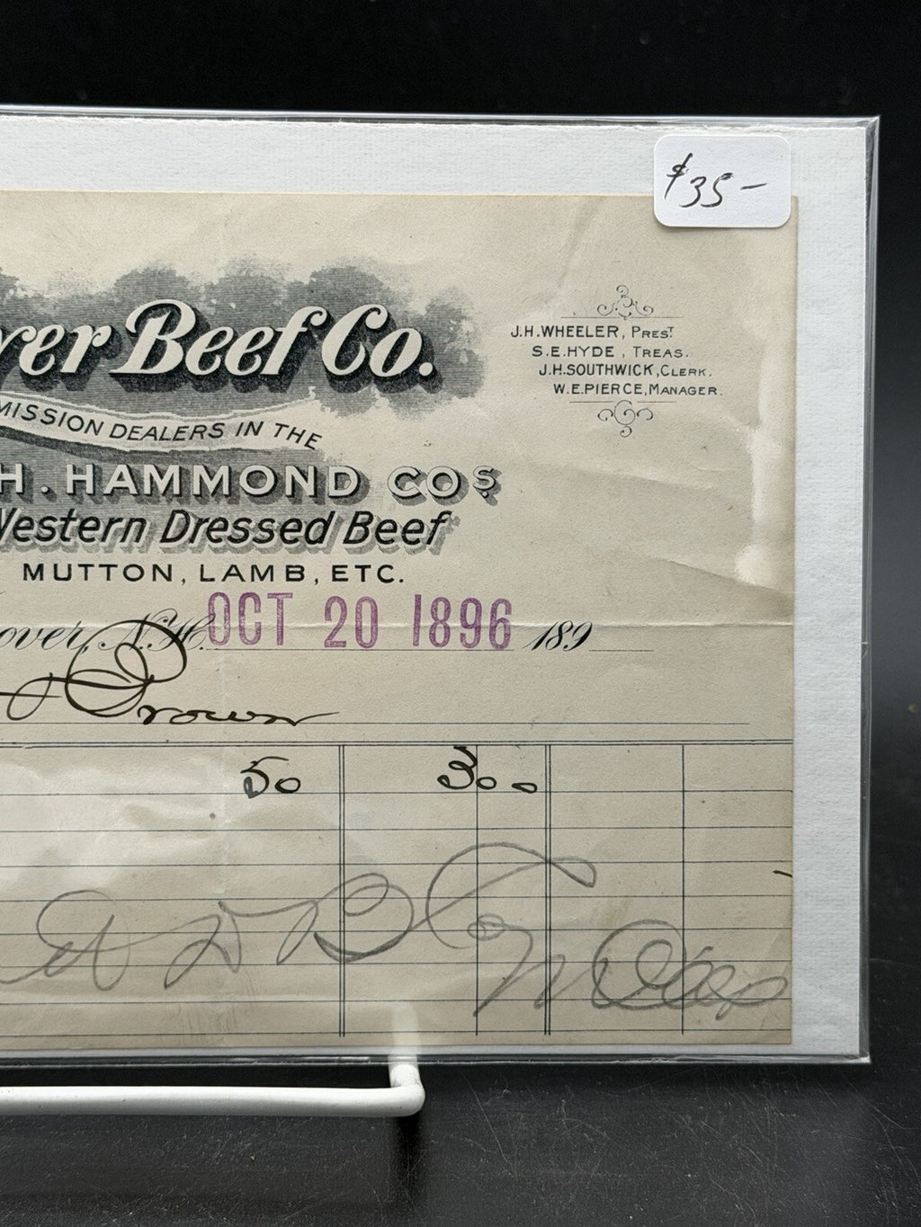 1896 Dover Beef Co. Invoice – G.H. Hammond Co. NH Butcher Ephemera Longhorn Art