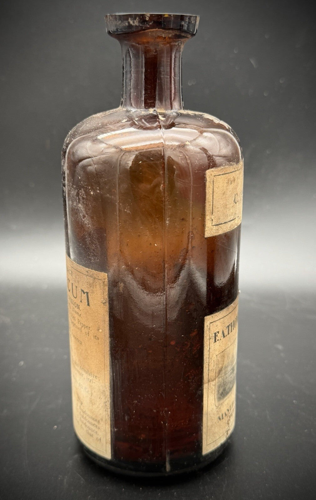 Antique F.A. Thompson Capsicum Amber Glass Apothecary Bottle Detroit Label