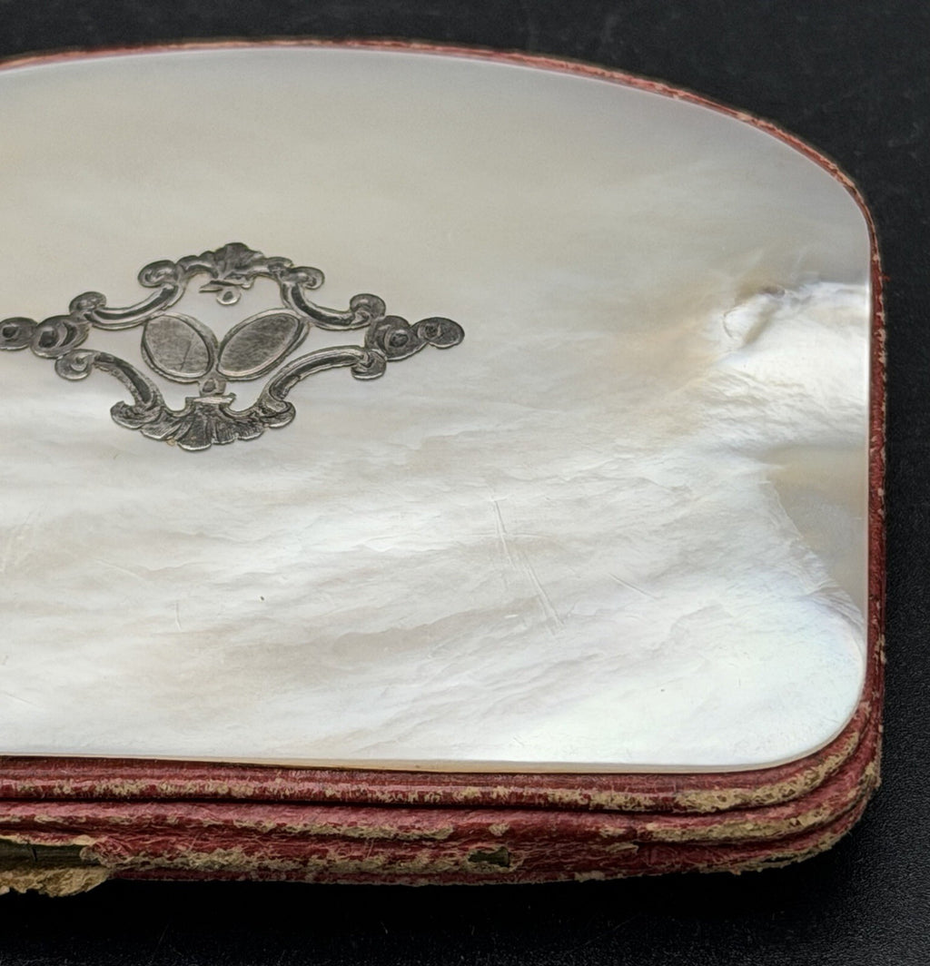 Antique Victorian Mother of Pearl Coin Purse Silver Cartouche Red Silk Interior
