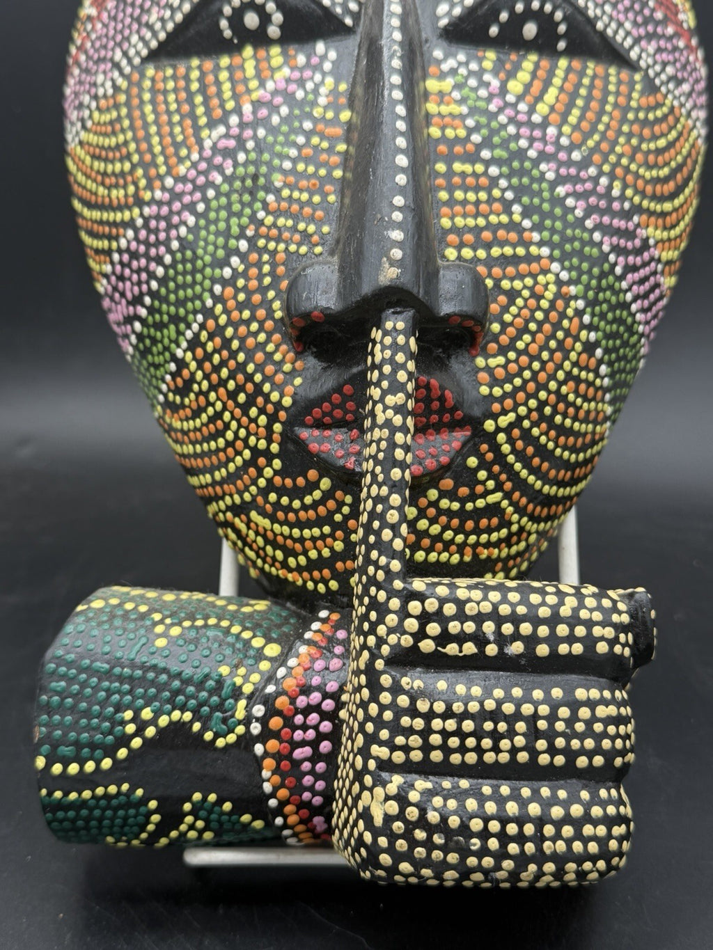 Hand Carved Wood Dot Painted Shhh Silence Mask Finger to Lips Indonesia 11.5"