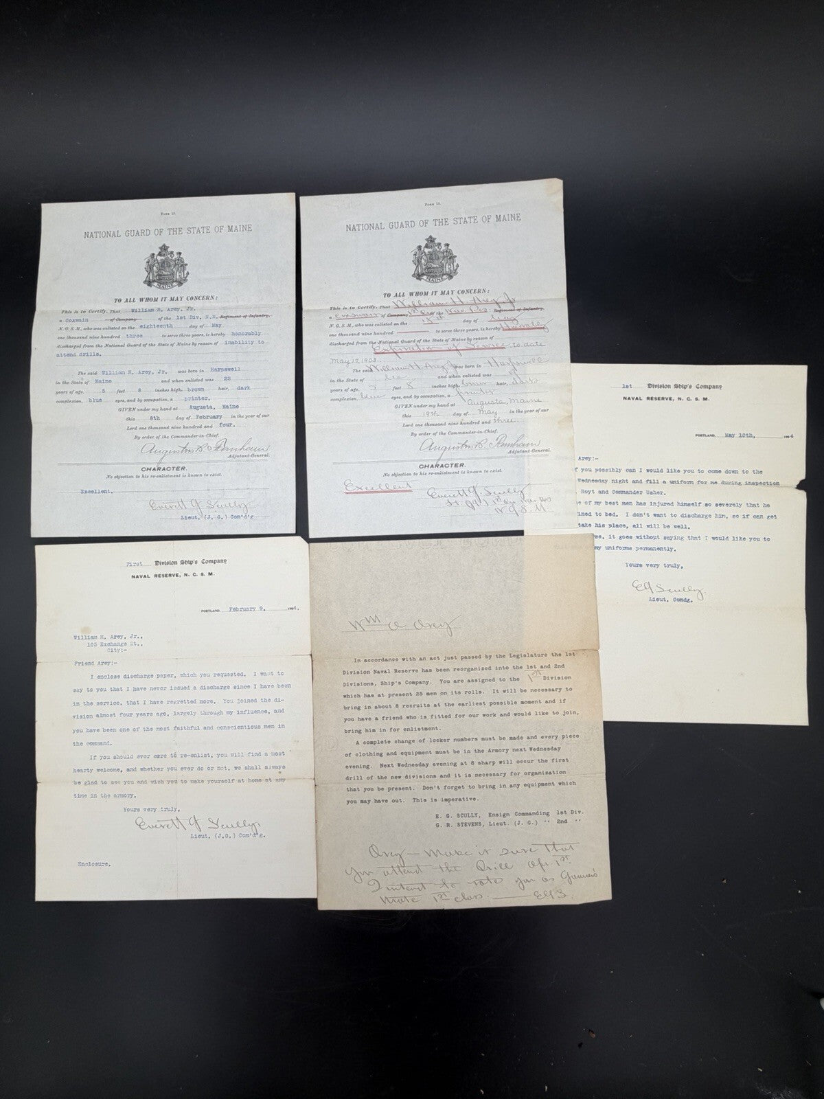 1903-1904 Maine National Guard Naval Reserve Discharge & Letters William H. Arey