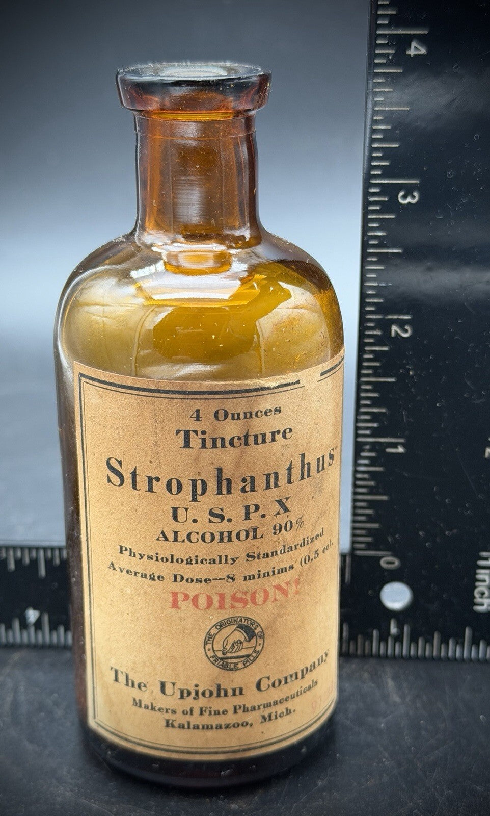 Antique Upjohn Tincture Strophanthus Poison Amber Bottle Pharmacy w Label Old