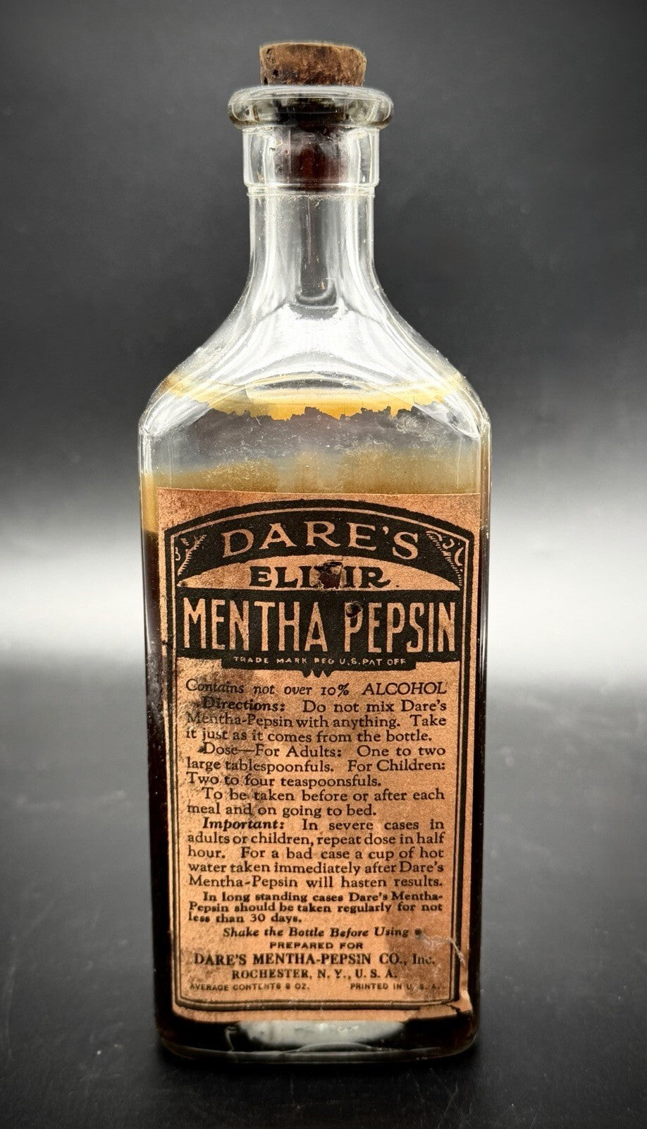 Antique Dare's Elixir Mentha Pepsin Medicine Bottle Rochester NY Full Label Cork