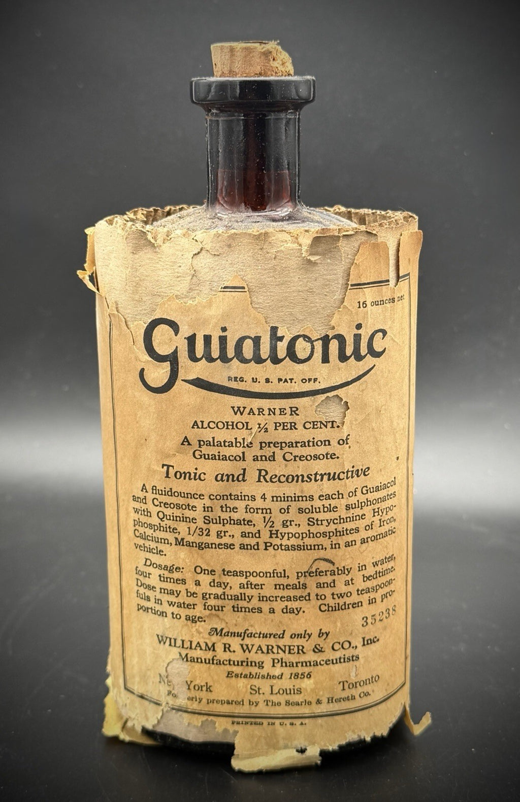 Antique Guiatonic William R Warner Co Medicine Bottle w Original Label
