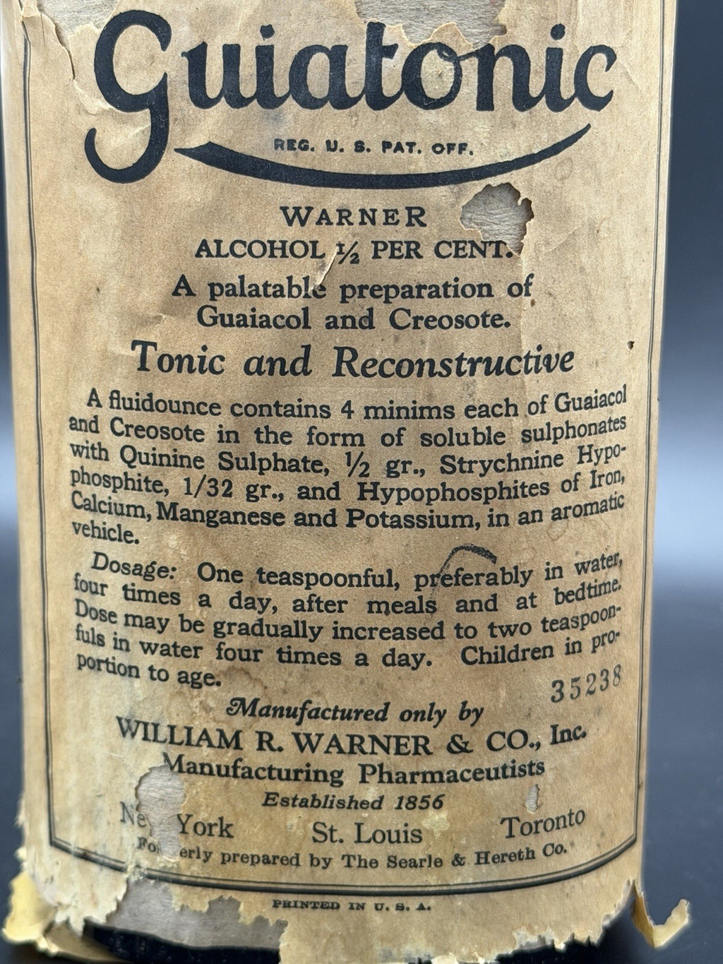 Antique Guiatonic William R Warner Co Medicine Bottle w Original Label
