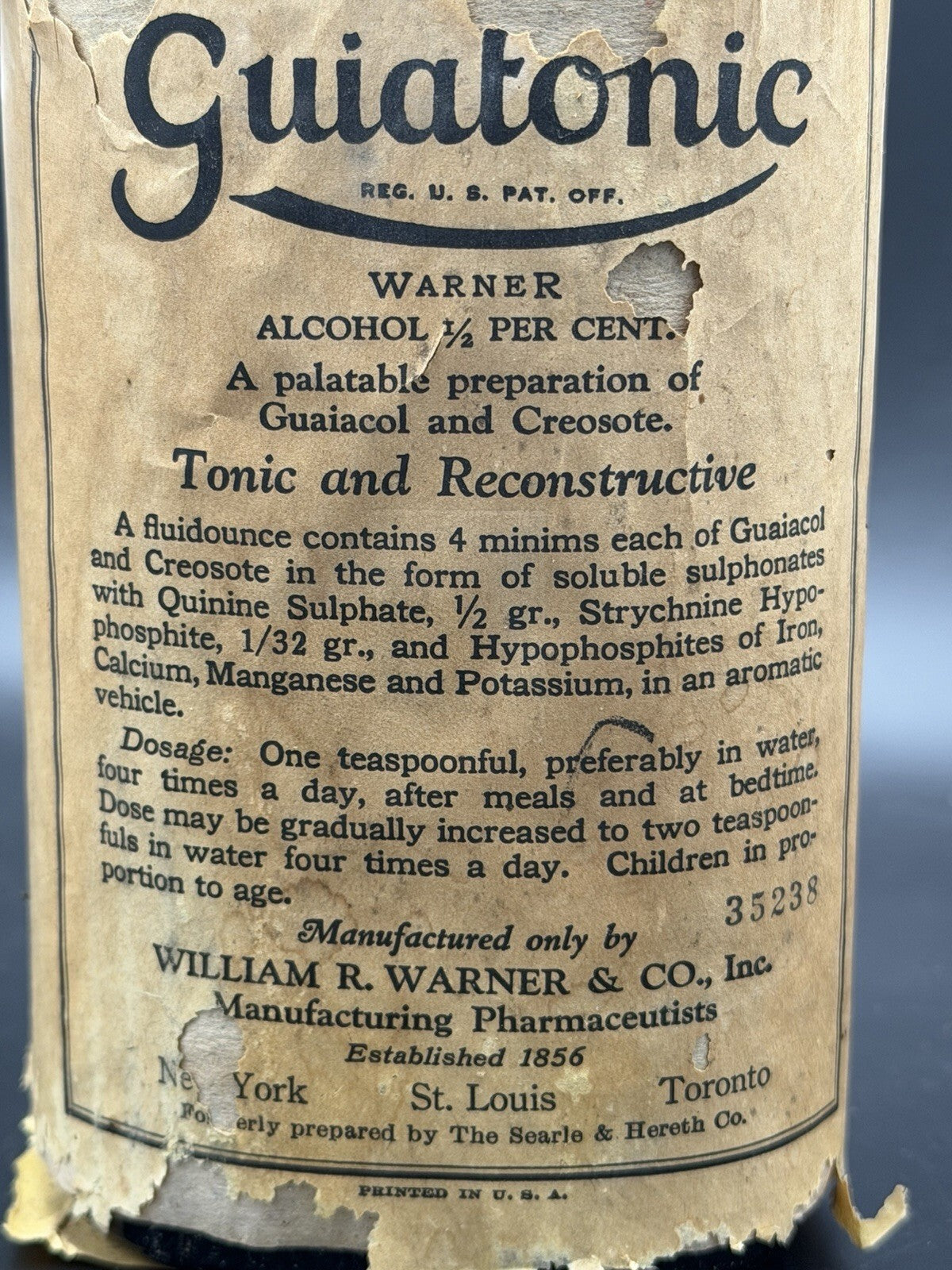 Antique Guiatonic William R Warner Co Medicine Bottle w Original Label