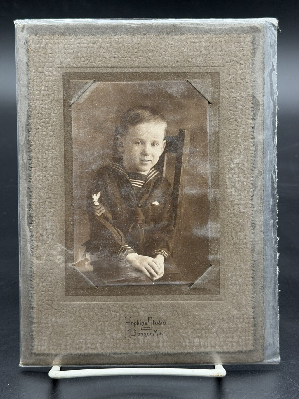 Antique Portrait Young Boy in Sailor Suit Hopkins Studio Bangor, ME Cabinet Card