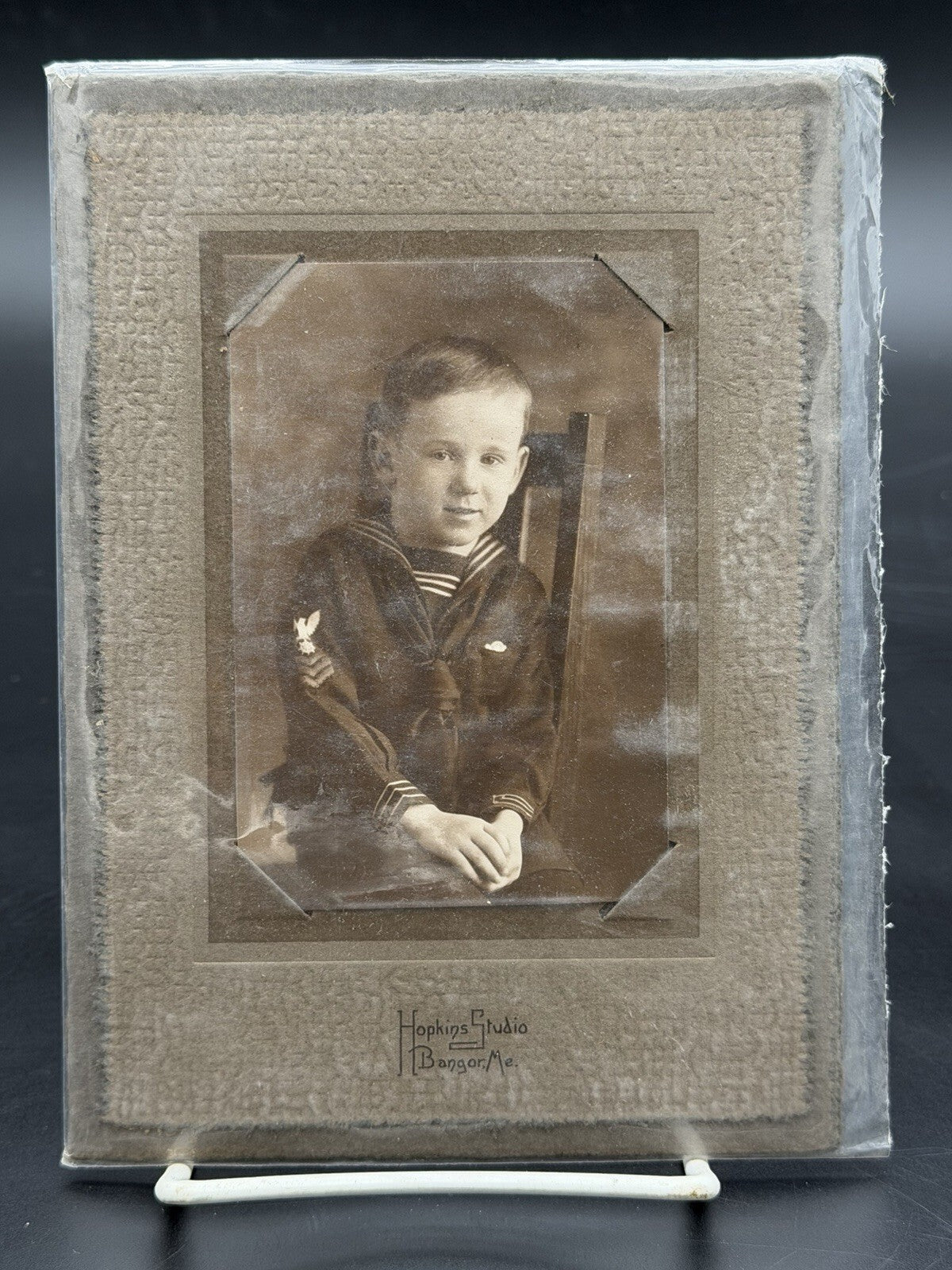 Antique Portrait Young Boy in Sailor Suit Hopkins Studio Bangor, ME Cabinet Card