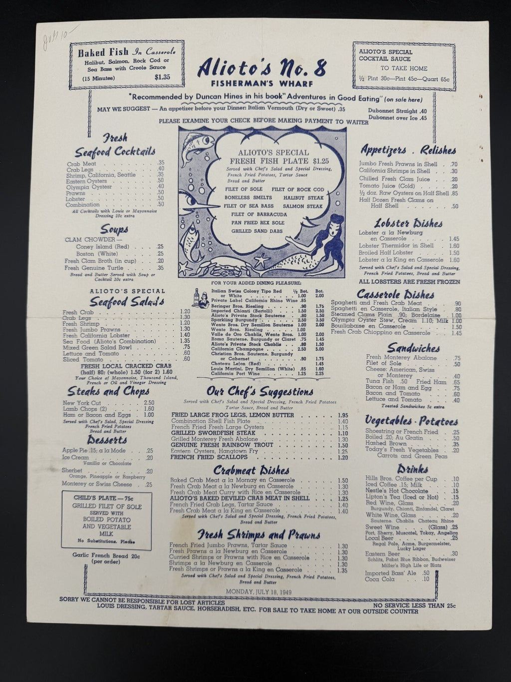Original 1949 Alioto's No. 8 Fisherman's Wharf Restaurant Menu San Francisco