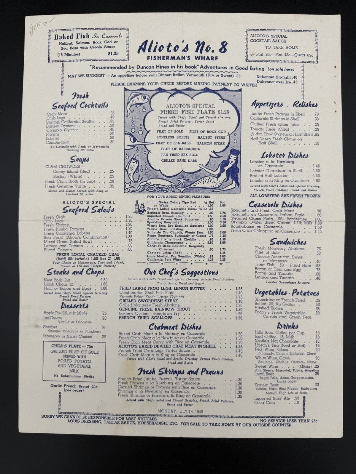 Original 1949 Alioto's No. 8 Fisherman's Wharf Restaurant Menu San Francisco