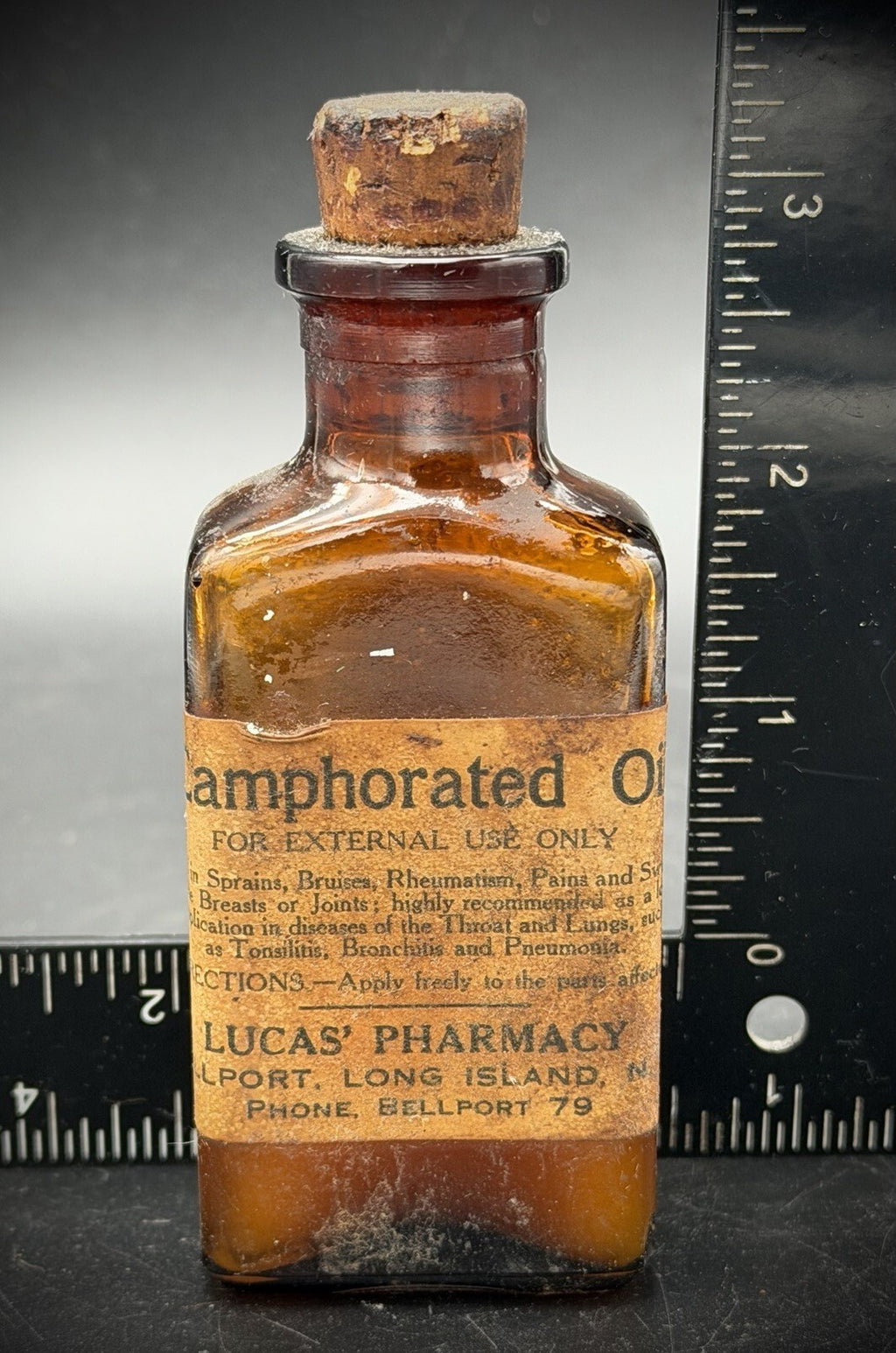 Antique Lucas' Pharmacy Camphorated Oil Amber Glass Bottle Bellport NY Cork