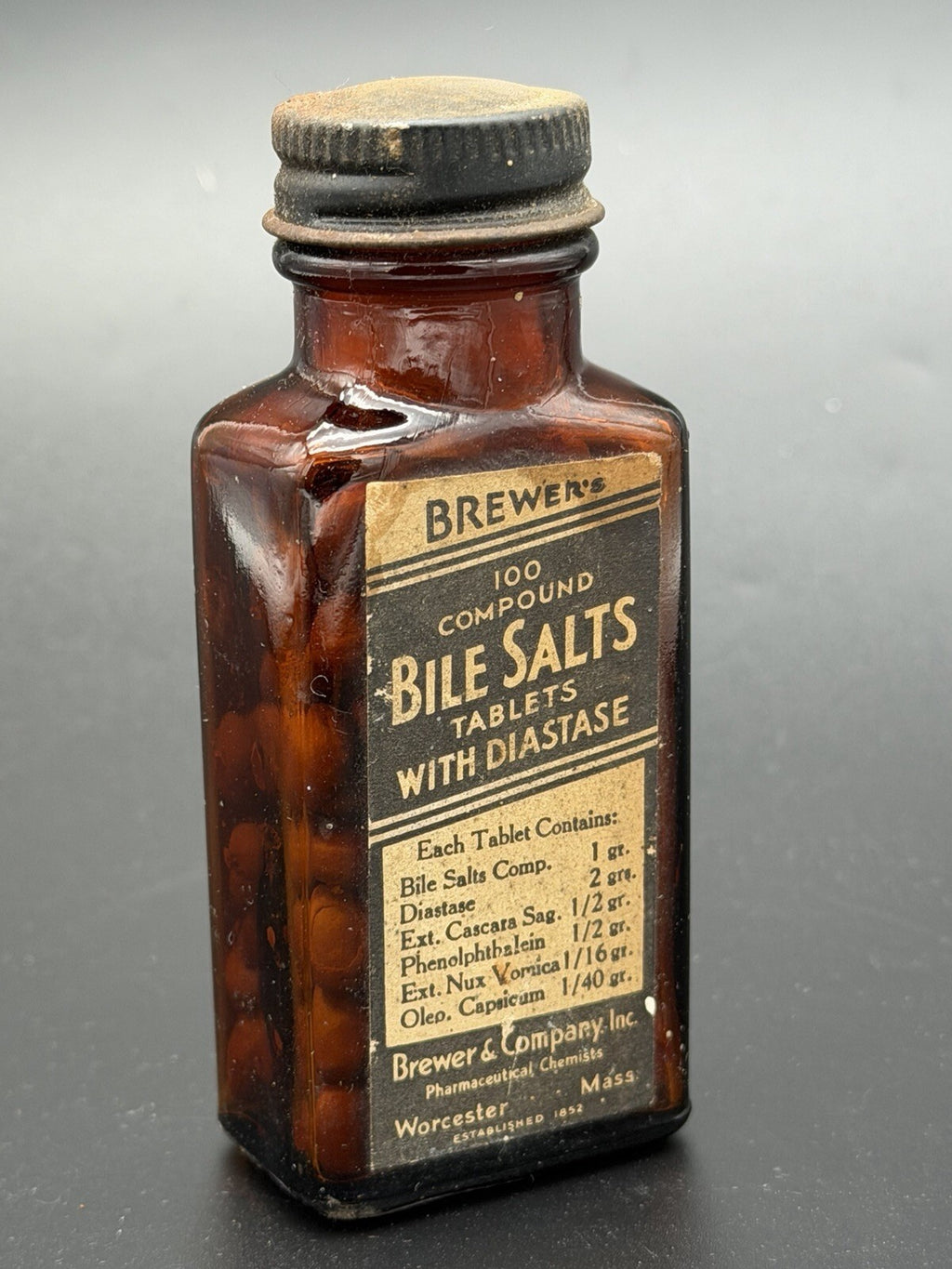 Vintage Brewer & Co Bile Salts Medicine Bottle Amber Glass Worcester Mass