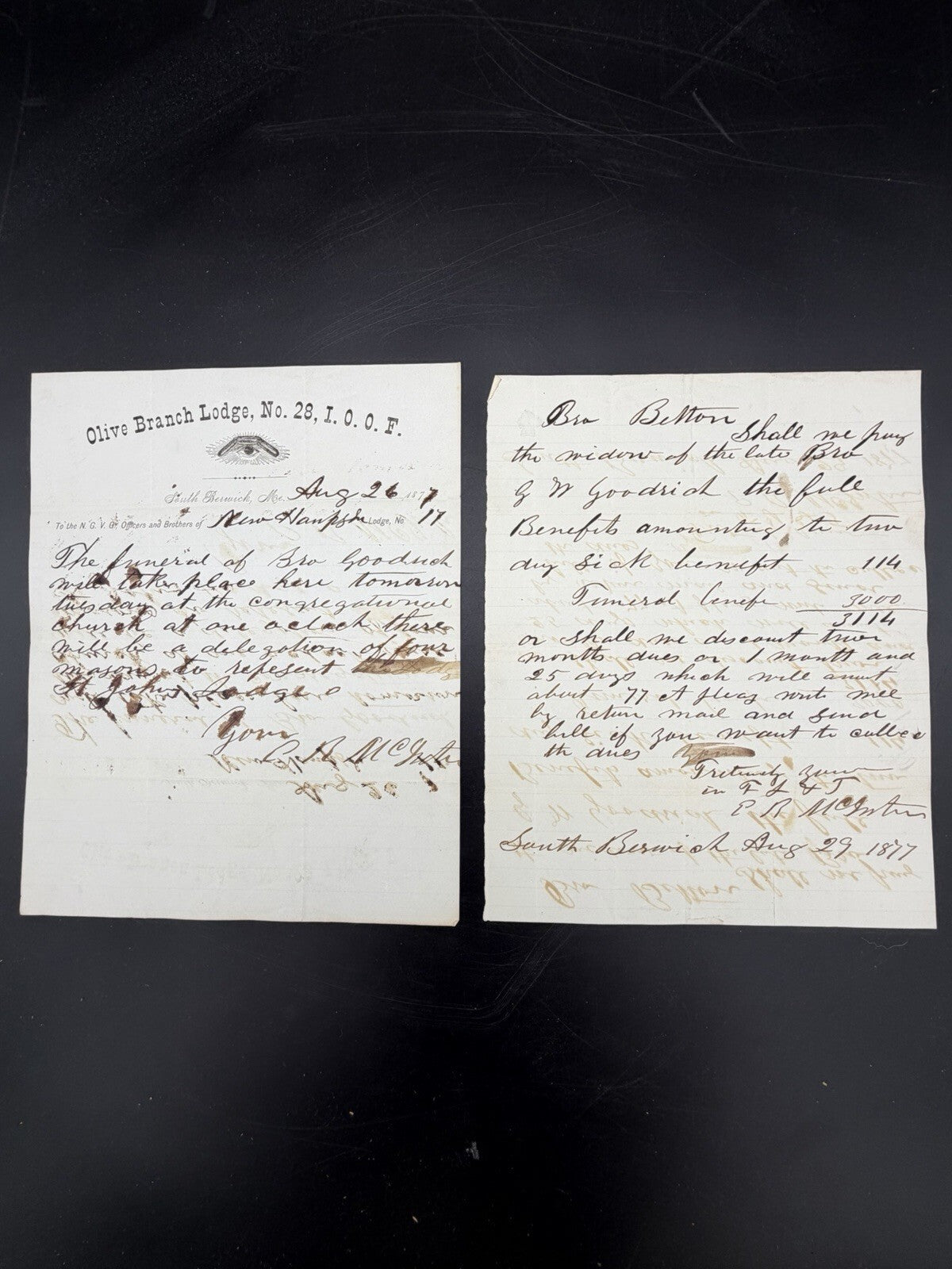 1877 I.O.O.F. Fraternal Correspondence - Funeral Arrangements South Berwick ME