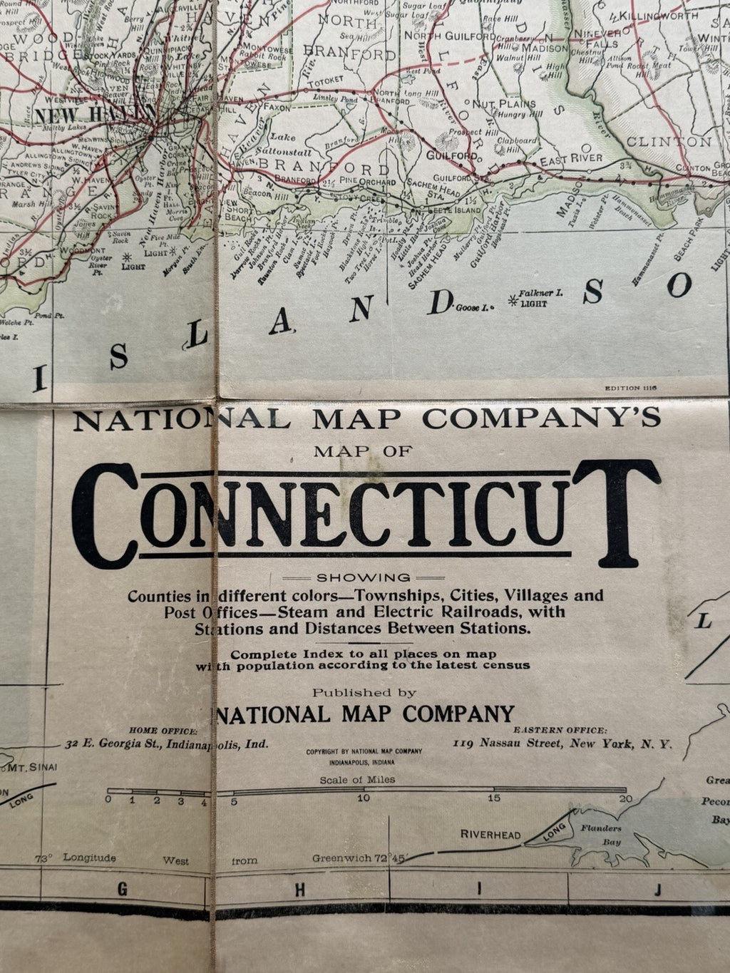 Antique 1910s National Map Co. Connecticut Large Wall Map - A.J. Nystrom & Co.