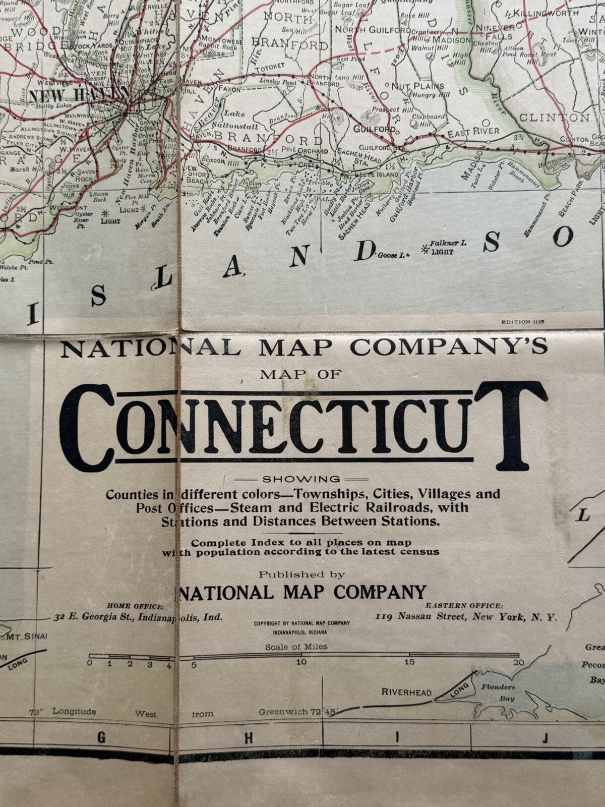 Antique 1910s National Map Co. Connecticut Large Wall Map - A.J. Nystrom & Co.