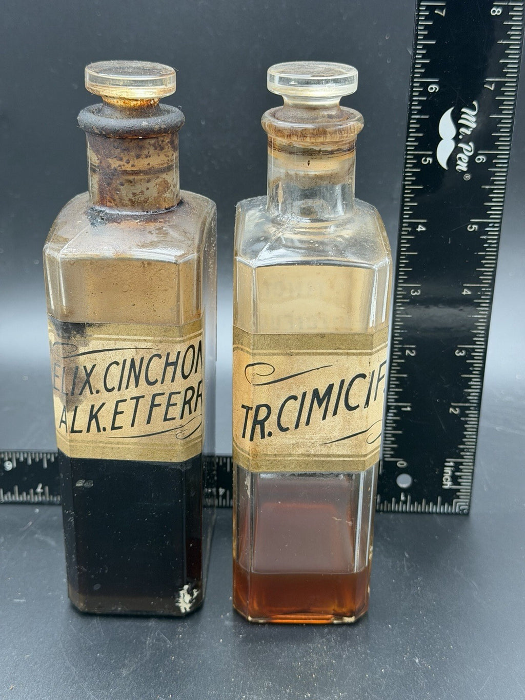Pair Antique Apothecary Bottles Tincture Cimicifuga & Elixir Cinchona