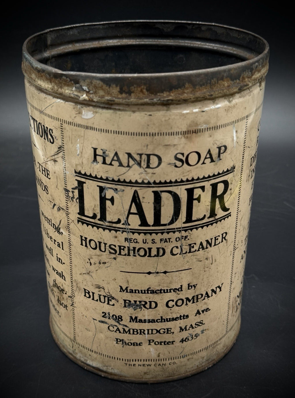 Antique Advertising Leader Hand Soap Tin Can Blue Bird Company Cambridge Mass 8”