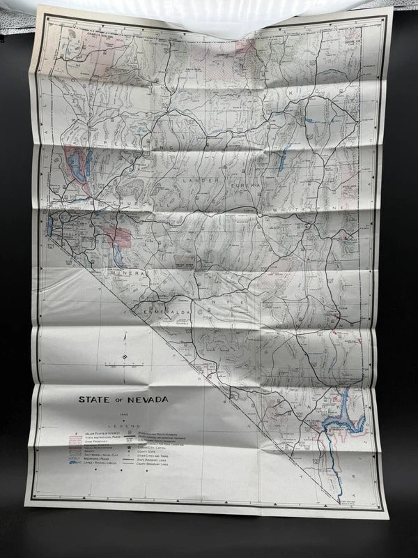 Vintage 1940 State of Nevada Folding Map Large 30x22 Highways County Line