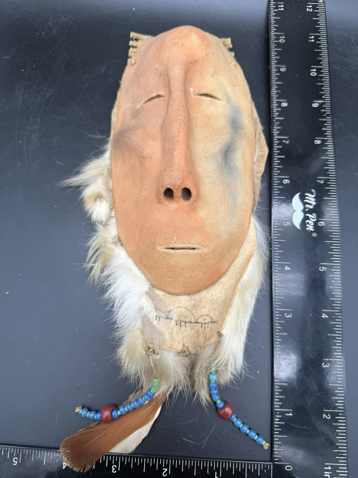 Handmade Clay Face Mask Wall Hanging Fur Beads Feathers Folk Art