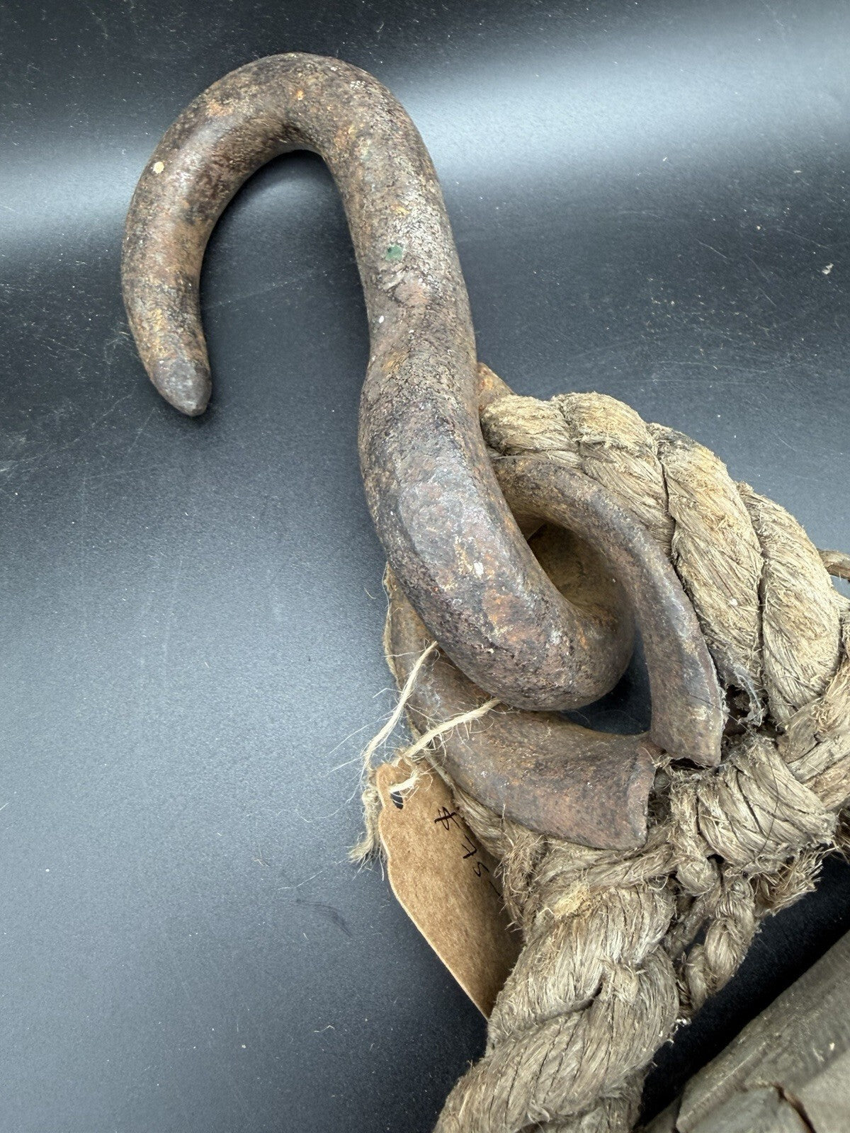 Antique Rope Stropped Wooden Double Pulley Block Forged Iron Hook Barn Salvage