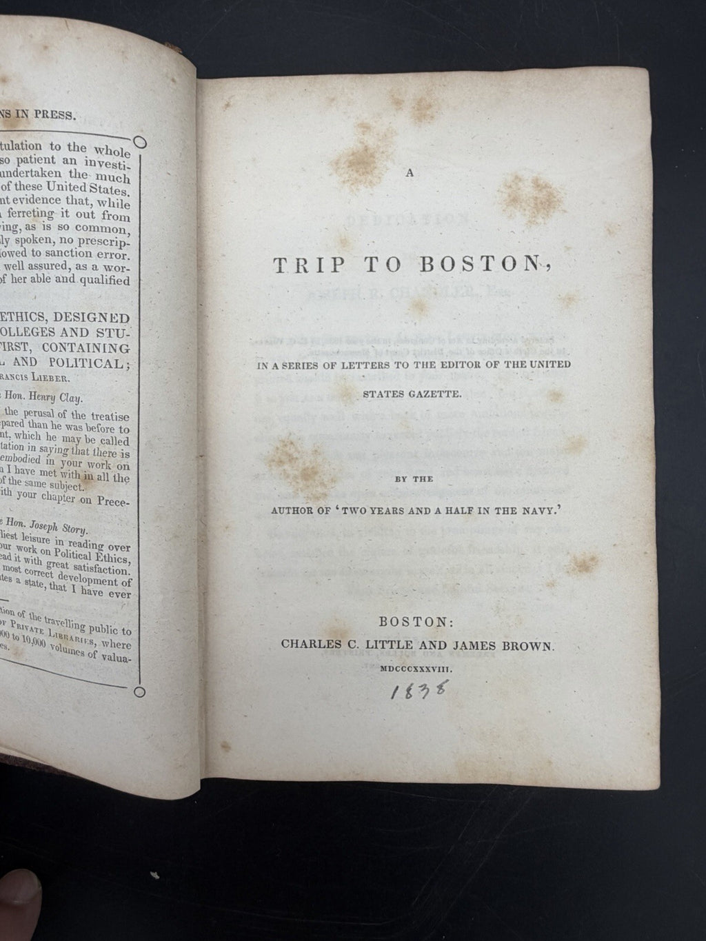 Antique Book, 1838 A Trip to Boston by E. C. Wines First Edition Travel Narrative