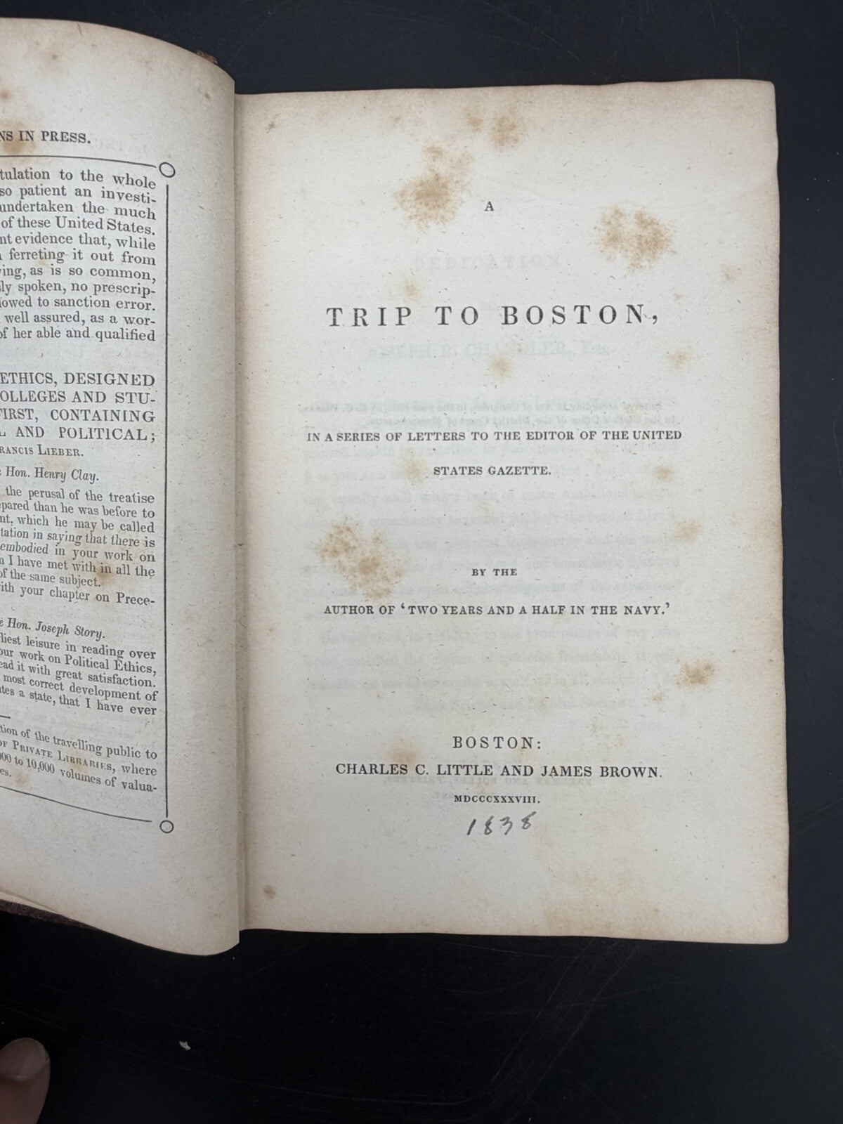 Antique Book, 1838 A Trip to Boston by E. C. Wines First Edition Travel Narrative