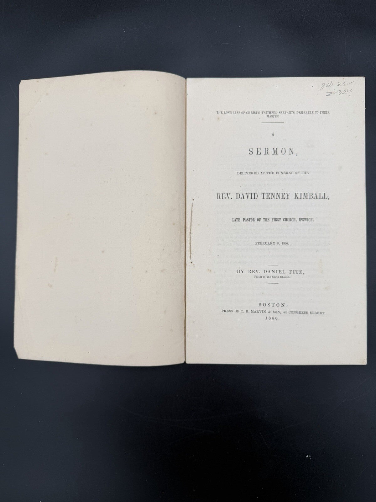 1860 Funeral Sermon Rev David Tenney Kimball Ipswich MA Daniel Fitz Paper Book