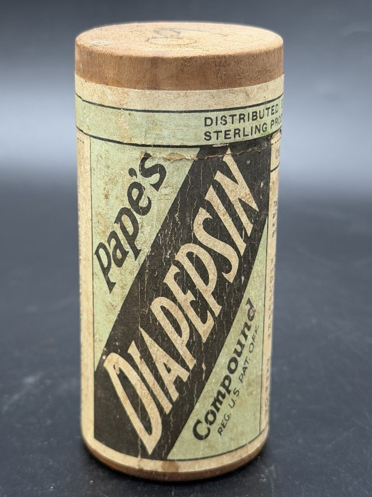 Vintage 1922 Pape's Diapepsin Patent Medicine Wood & Paper Container Apothecary