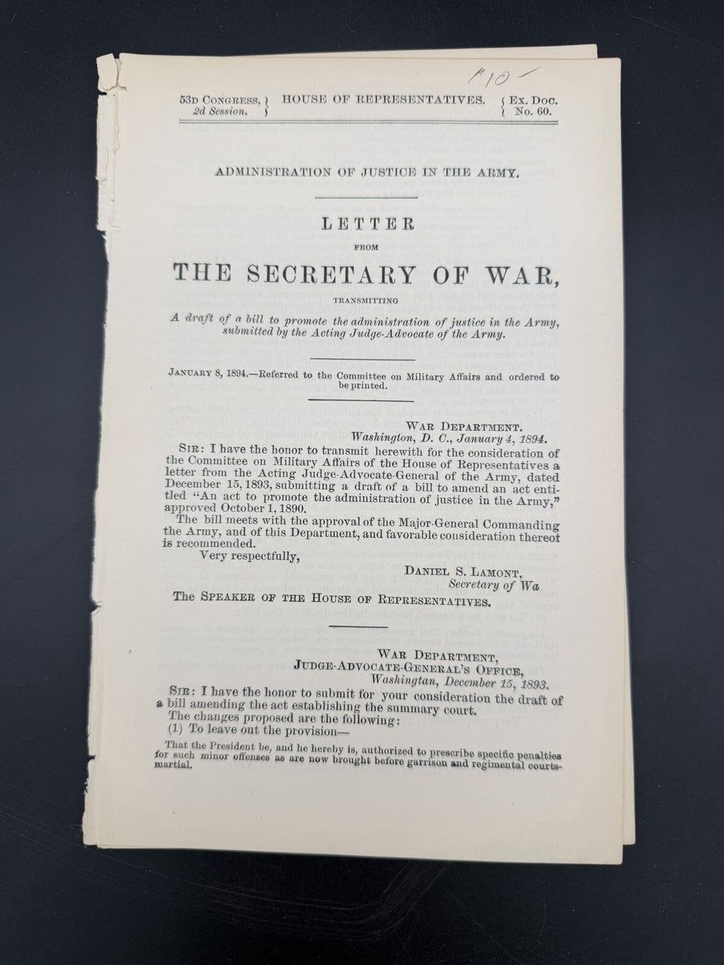 1894 U.S. Army Justice Reform Report - 53rd Congress House Doc. 60