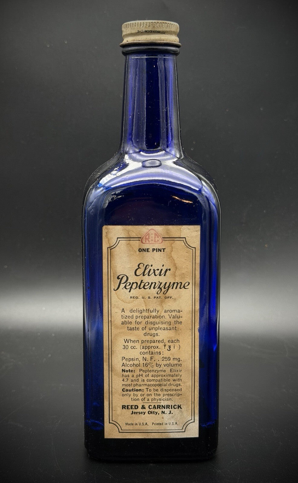 Vintage Cobalt Blue Elixir Peptenzyme Medicine Bottle Reed & Carnrick 1 Pint