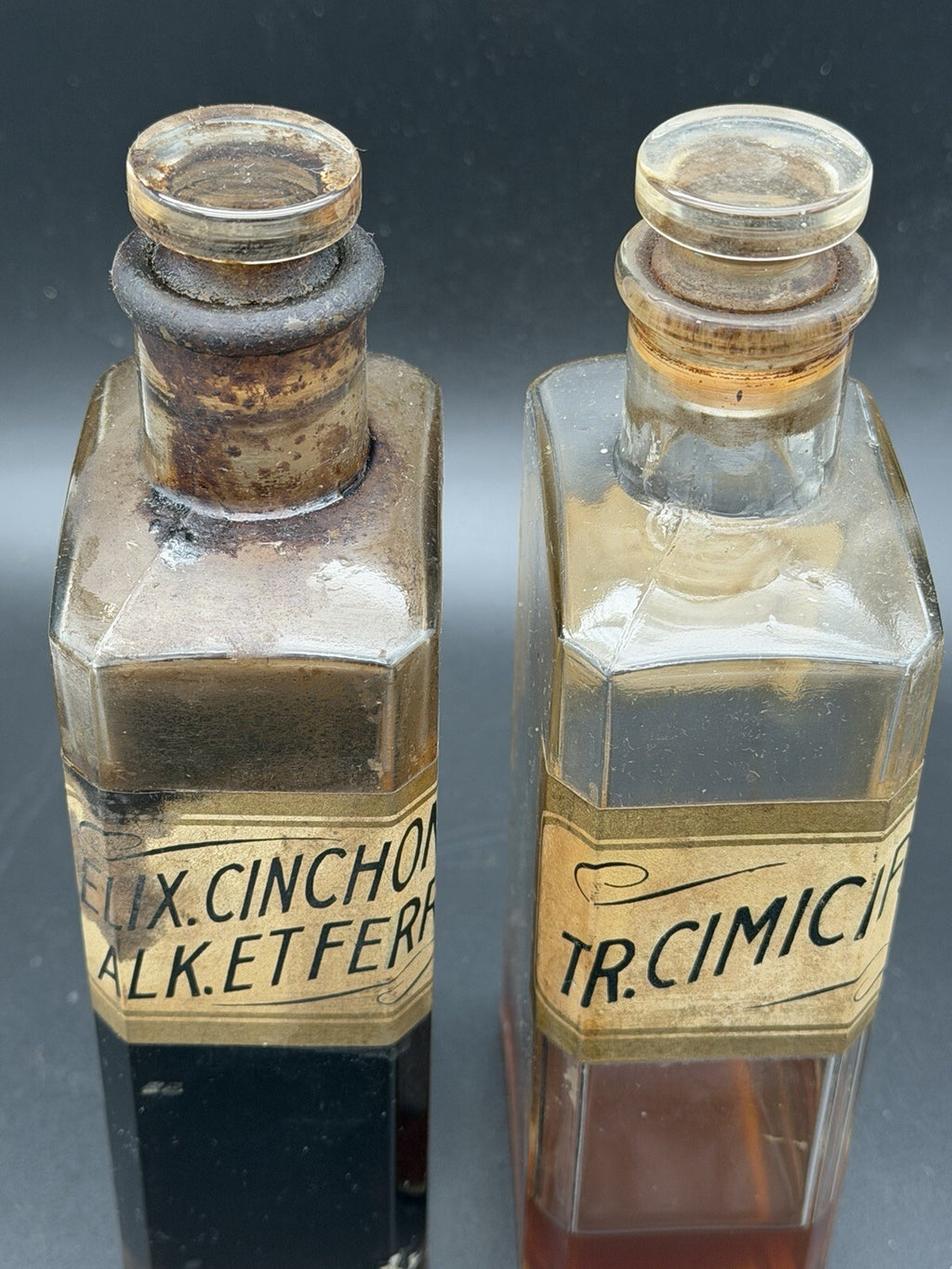 Pair Antique Apothecary Bottles Tincture Cimicifuga & Elixir Cinchona