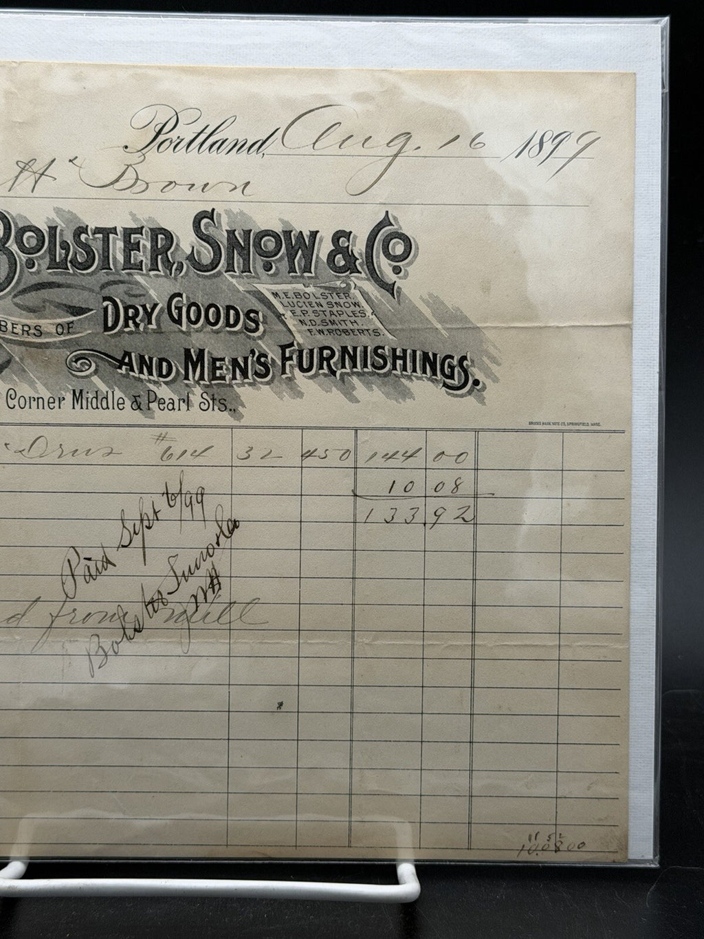 1897 Bolster, Snow and Co. Billhead – Portland ME Dry Goods Men's Furnishings