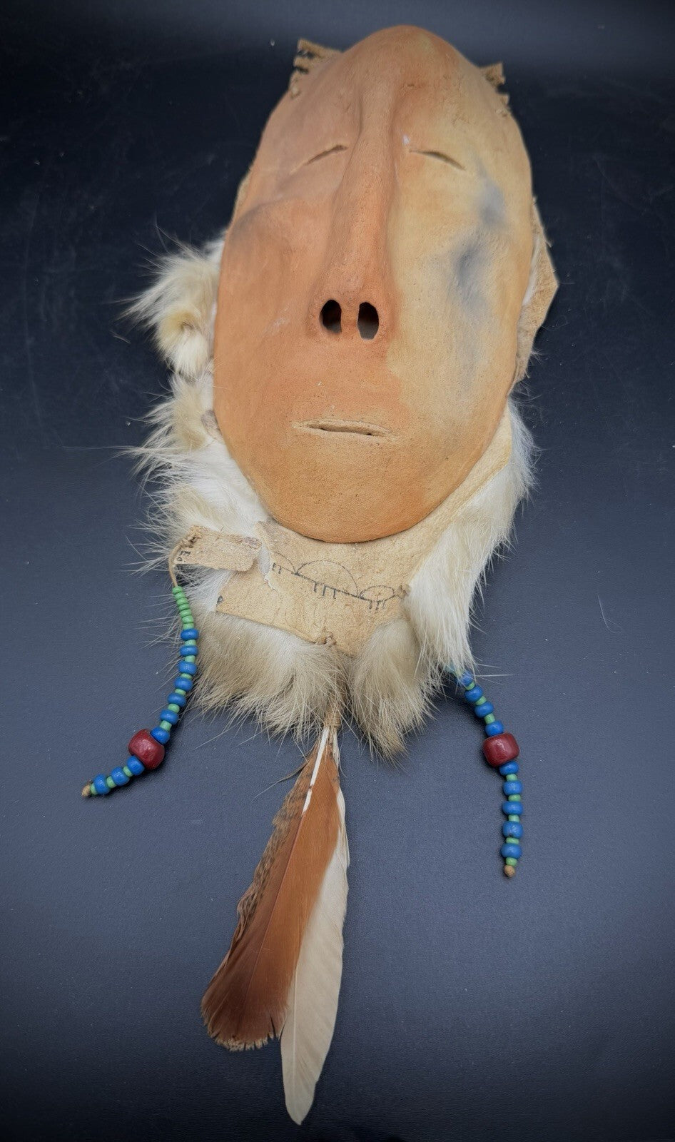 Handmade Clay Face Mask Wall Hanging Fur Beads Feathers Folk Art