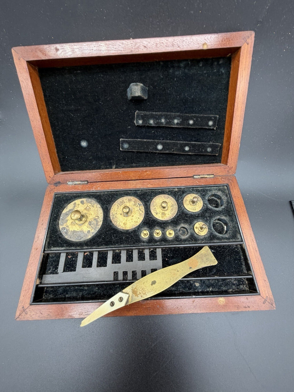Antique Brass Apothecary Scale Weight Set Partial Wooden Box Assay Parts