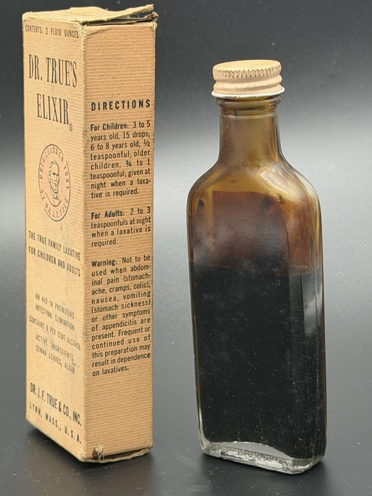 Vintage Dr. True's Elixir Patent Medicine Bottle with Original Box Lynn Mass