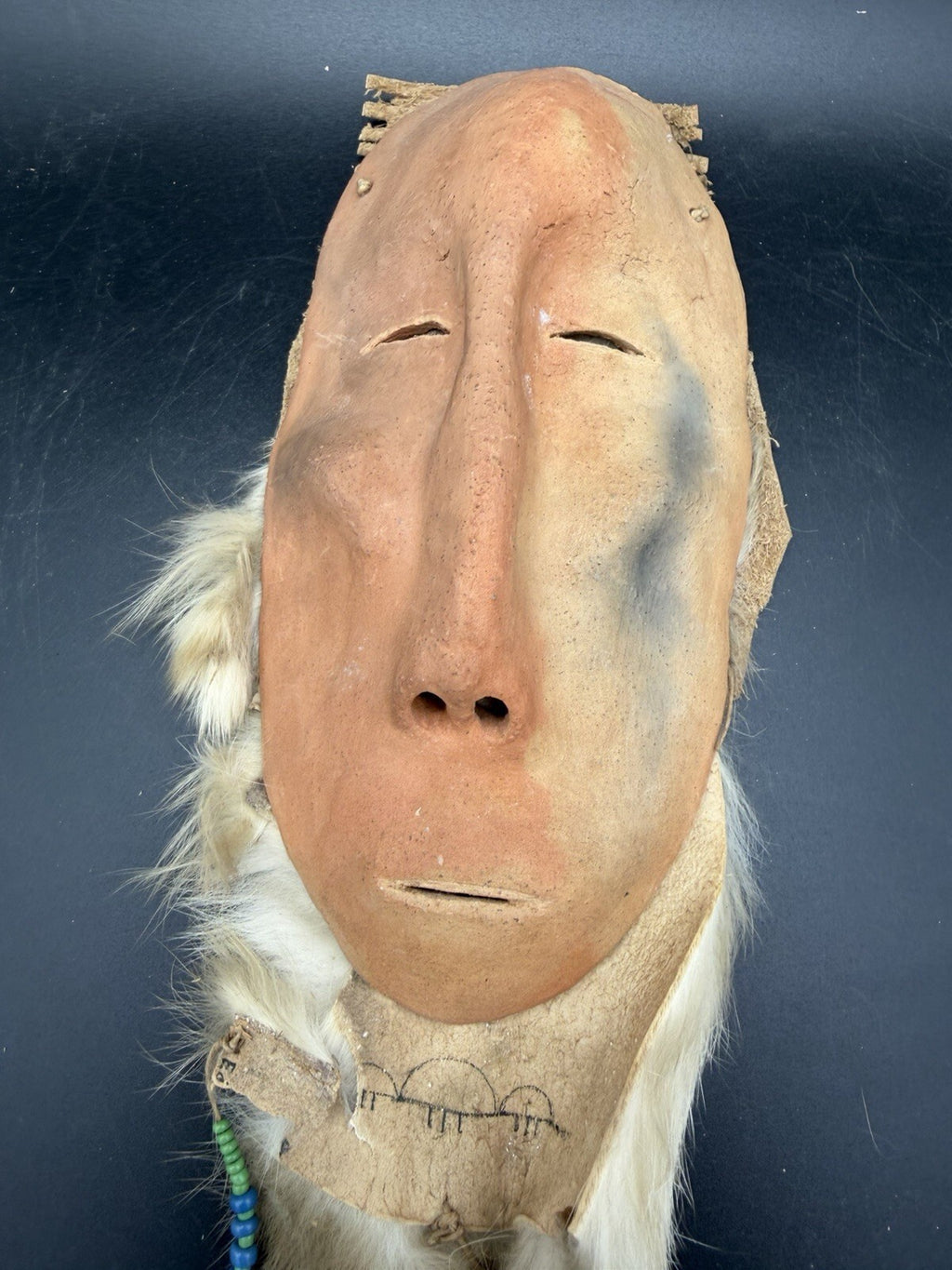 Handmade Clay Face Mask Wall Hanging Fur Beads Feathers Folk Art