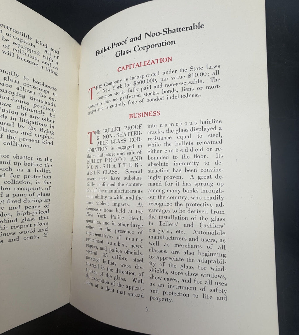 1921 Bullet-Proof & Non-Shatterable Glass Corp Stock Prospectus Pamphlet