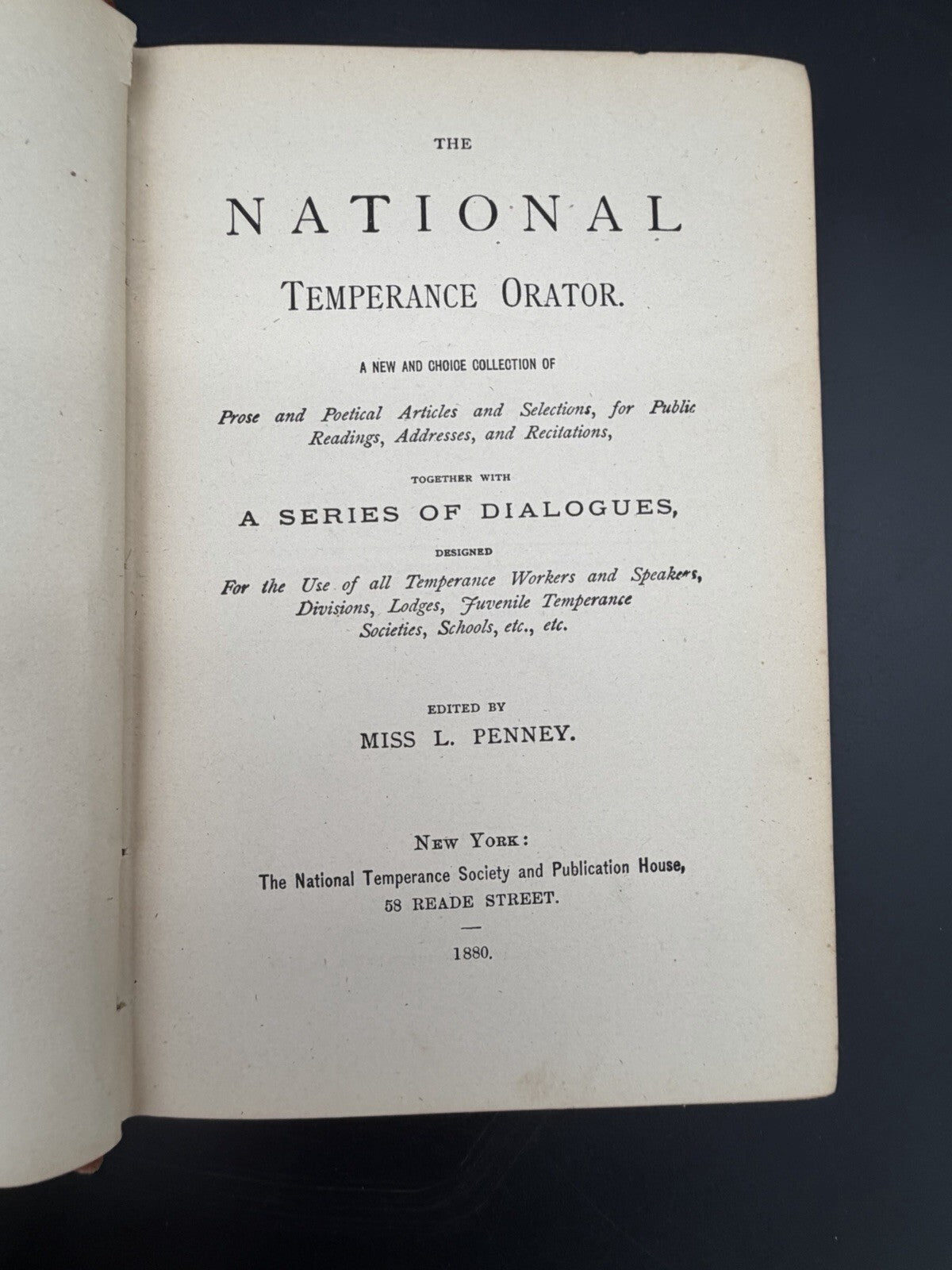 Antique Book The National Temperance Orator 1880 Edited by Miss L. Penney