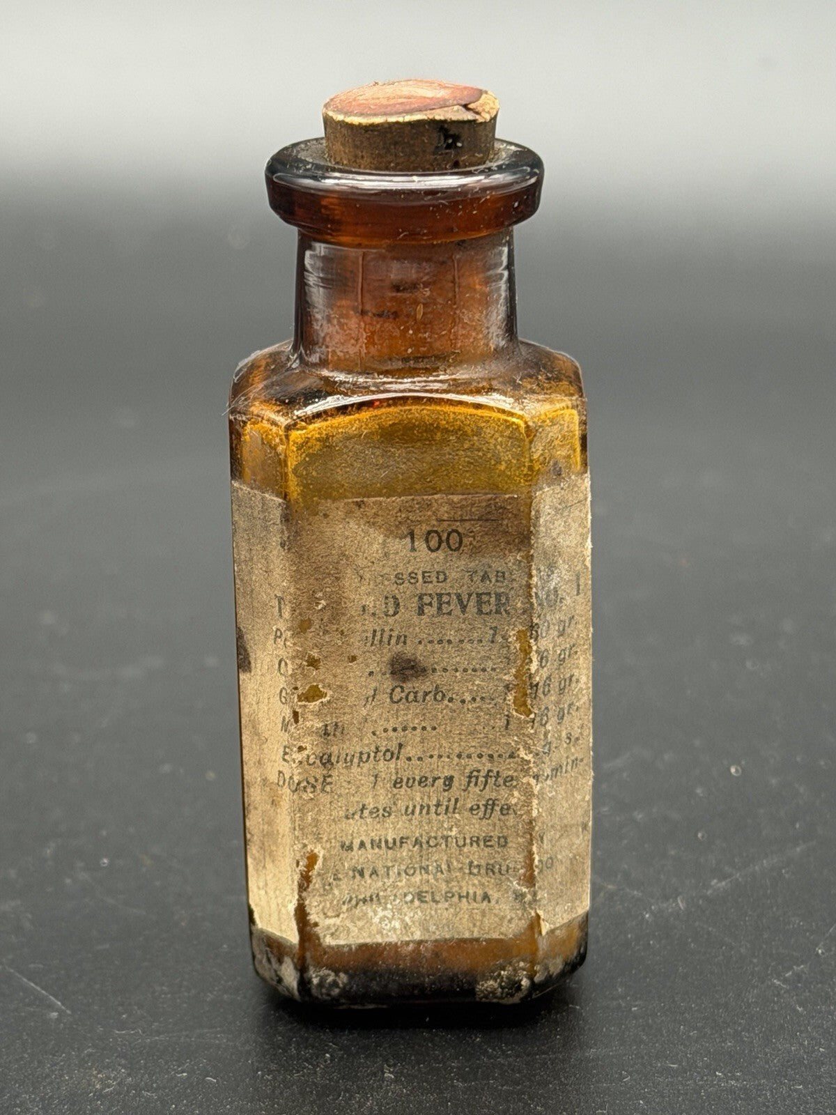 Antique National Drug Co. Cold Fever Amber Bottle w/ Original Pills & Label
