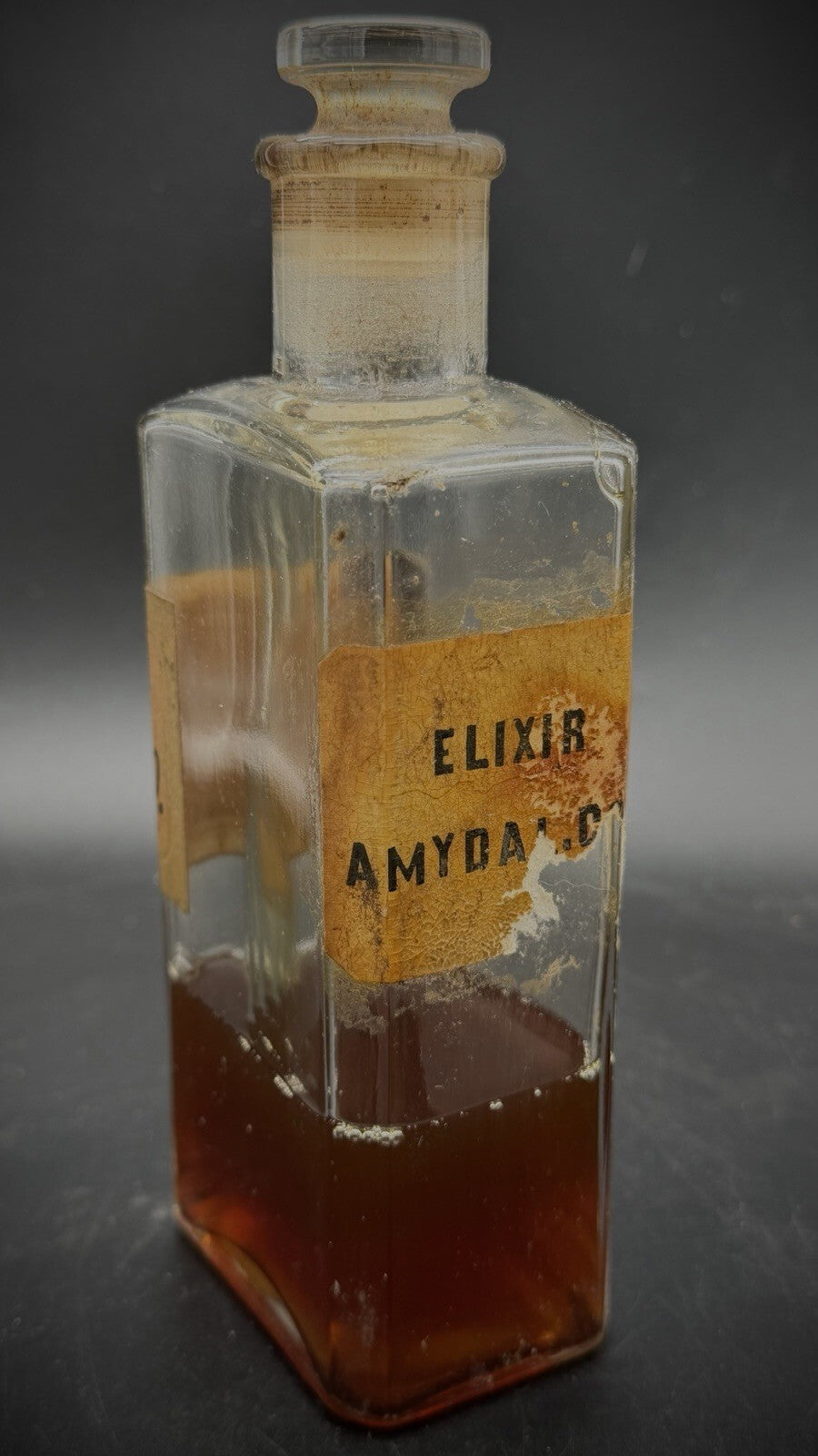 Antique Apothecary "Elix. Amygdal. Co." Old Pharmacy Bottle with Glass Stopper