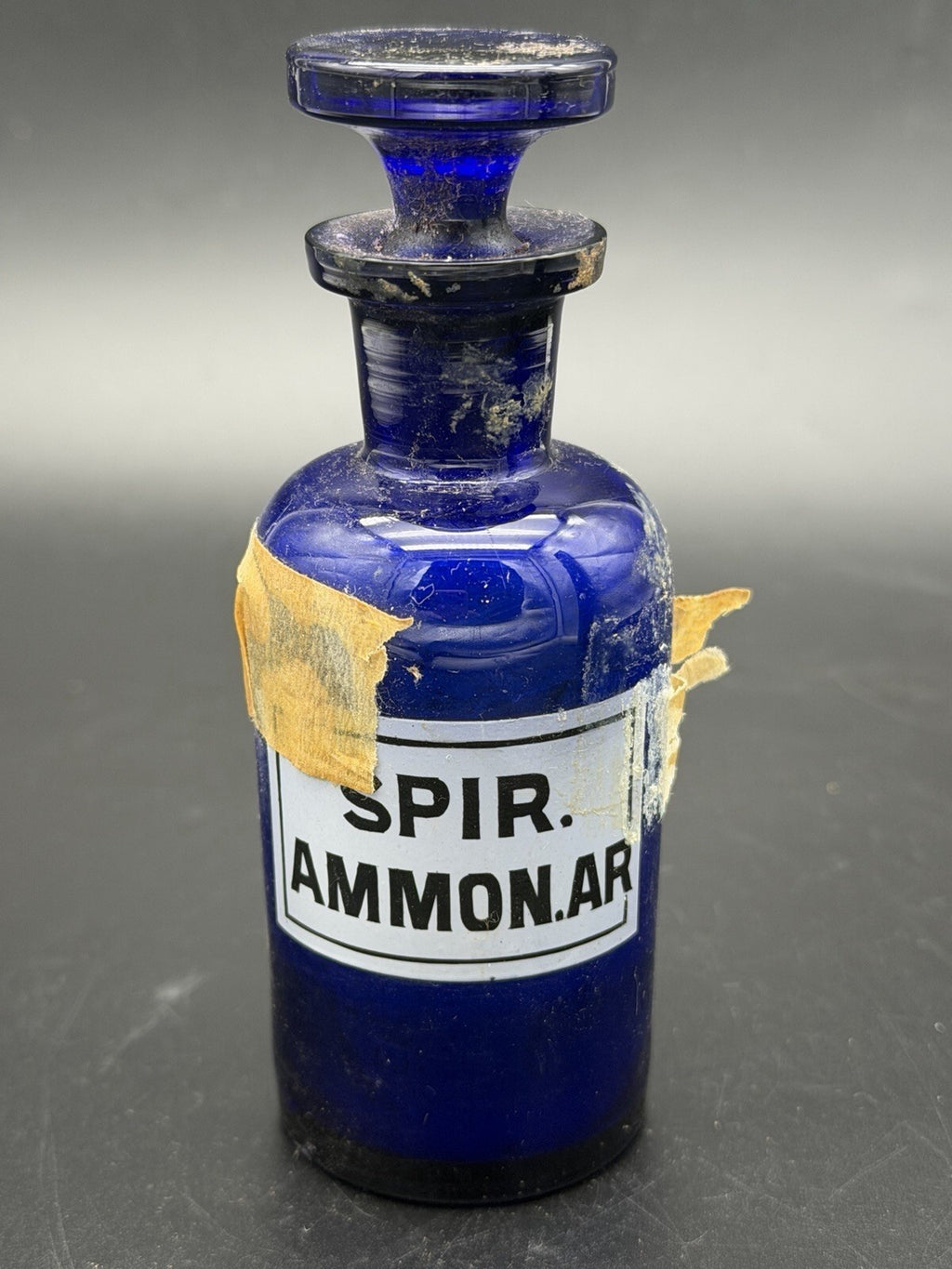 Antique Cobalt Blue Glass Apothecary Bottle Spir Ammon Arom W/ Stopper