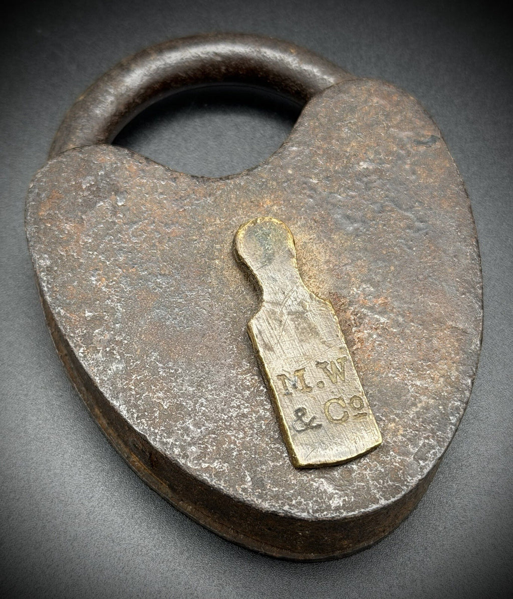 Antique Iron Heart Padlock w/ Brass Tag M.W. & Co. 19th Century Industrial Lock