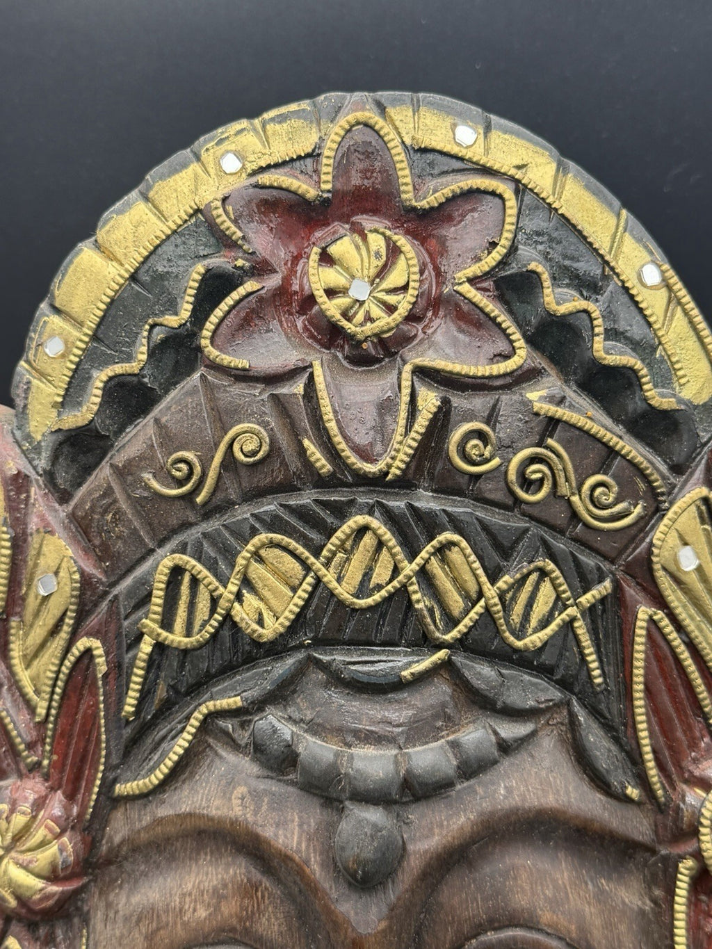 Vintage Balinese Wooden Mask Hand Carved Goddess Mirror Inlays Gold Painted 10"