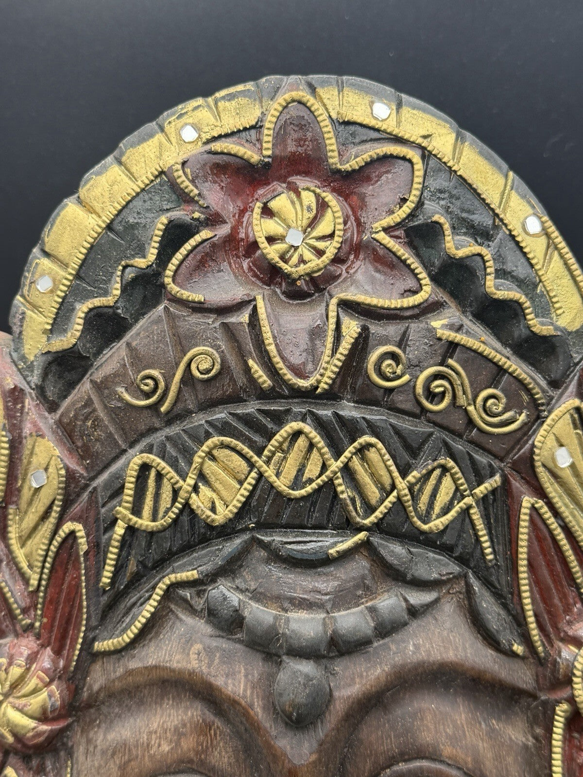 Vintage Balinese Wooden Mask Hand Carved Goddess Mirror Inlays Gold Painted 10"