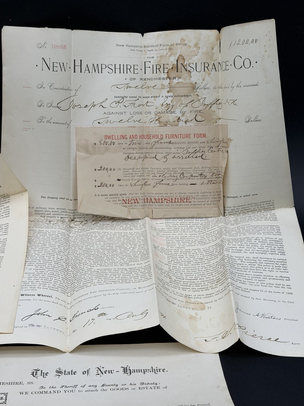 Antique 1880s NH Ephemera Lot: Insurance Policies, Handwritten Letter, Legal Doc