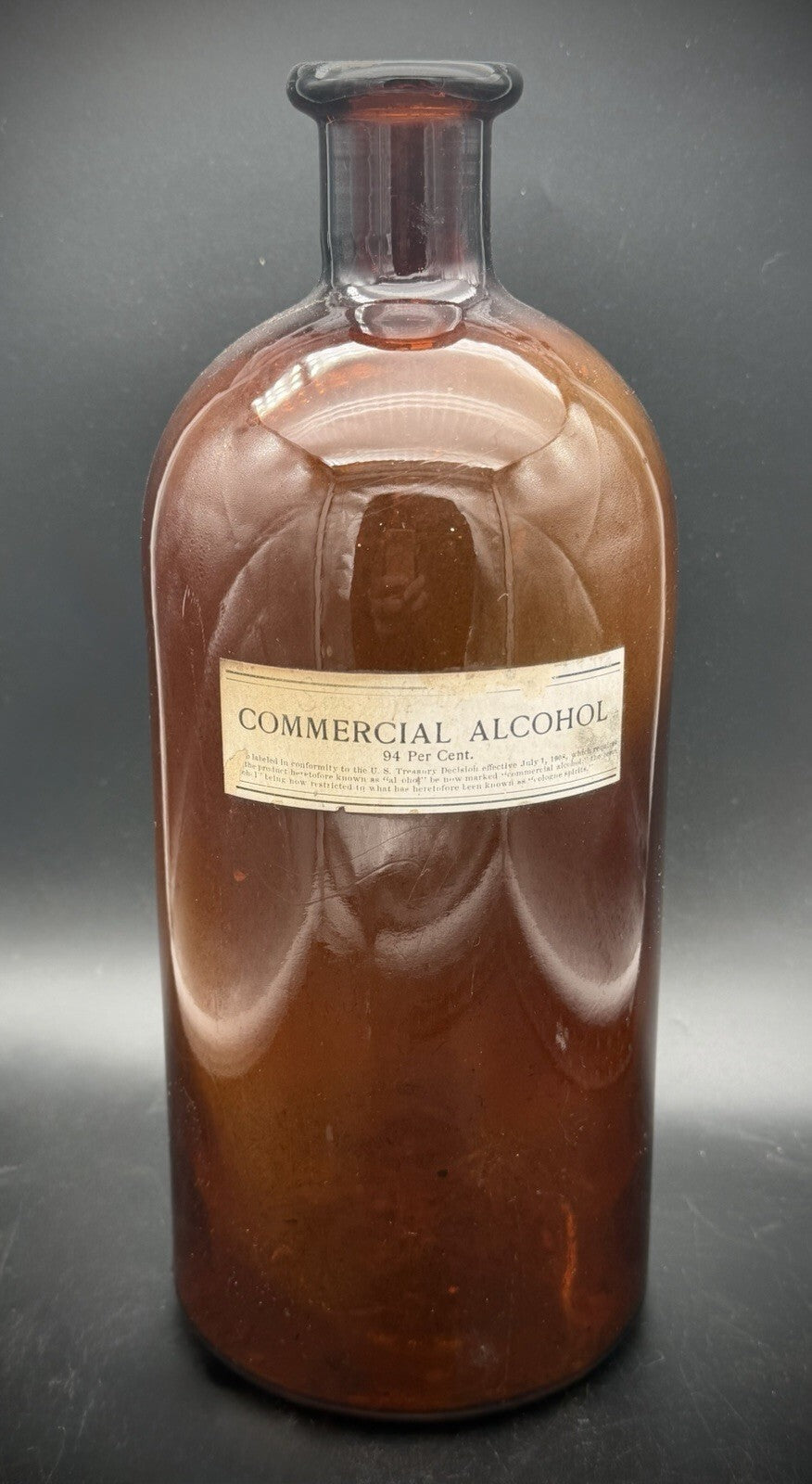 Antique Amber Glass Apothecary Bottle Commercial Alcohol 94% Label 1908 11.5
